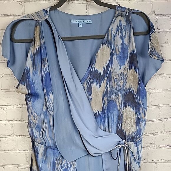 Antonio Melani Blue Silk Faux Wrap Frilly Layered Flutter Dress – Wedding Guest - Picture 2 of 14